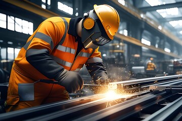 A man wearing a welding helmet works on a piece of metal in a workshop, and sparks fly around a female welder