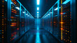 Um centro de dados futurista com fileiras de servidores emitindo um brilho suave representando a espinha dorsal da infraestrutura digital e computação em nuvem