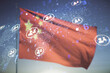 Double exposure of social network icons hologram and world map on Chinese flag and blue sky background. Marketing and promotion concept