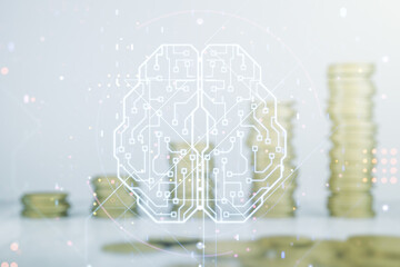 Poster - Double exposure of creative human brain microcircuit hologram on growing coins stacks background. Future technology and AI concept