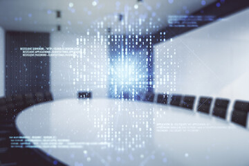 Poster - Abstract virtual code skull illustration on a modern conference room background. Hacking and phishing concept. Multiexposure