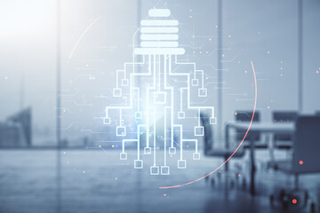 Poster - Double exposure of virtual creative light bulb hologram with chip on a modern meeting room background, idea and brainstorming concept