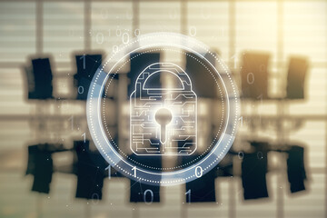 Poster - Virtual creative lock illustration with microcircuit on a modern coworking room background, cyber security concept. Multiexposure
