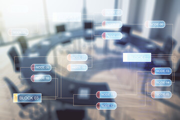 Aufkleber - Multi exposure of abstract creative coding sketch on a modern conference room background, artificial intelligence and neural networks concept