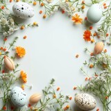 Fototapeta Mapy - Colorful easter eggs and beautiful flower arranged and isolated on white background. Happy easter day background concept.