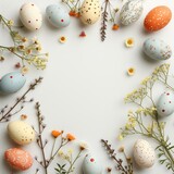 Fototapeta  - Colorful easter eggs and beautiful flower arranged and isolated on white background. Happy easter day background concept.
