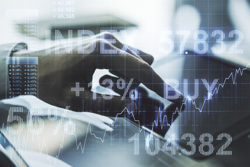 Aufkleber - Abstract creative financial graph with finger clicks on a digital tablet on background, forex and investment concept. Multiexposure