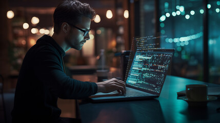 Poster - software engineer working on his laptop writing a code