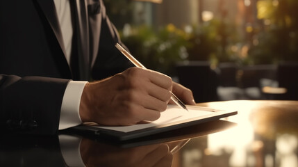 Wall Mural - business man holding a pen signing on paper, contract sign concept