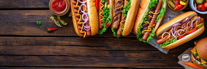 Poster - Summer BBQ food table scene with a dark wood background showing a top view of hot dogs and hamburgers buffet