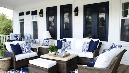 Blue and White Decor on Front Back Porch