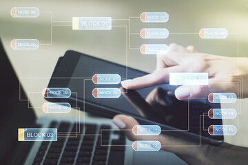 Poster - Multi exposure of abstract software development hologram and finger presses on a digital tablet on background, research and analytics concept
