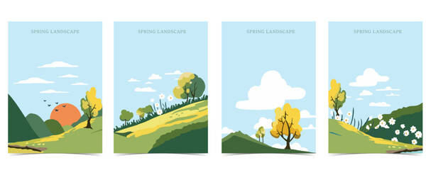 Wall Mural - spring landscape background with mountain and tree editable vector illustration for postcard,a4 vert
