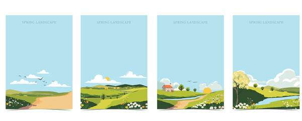 spring landscape background with mountain and tree editable vector illustration for postcard,a4 vert