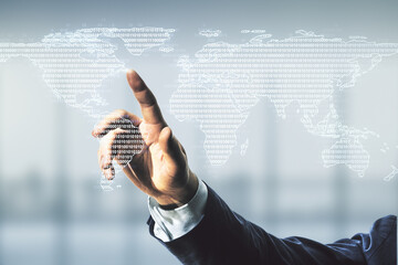 Poster - Multi exposure of businessman hand clicks on abstract graphic world map on blurred office background, big data and networking concept