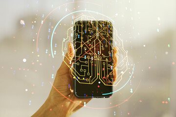 Aufkleber - Creative artificial Intelligence concept with human brain sketch and hand with mobile phone on background. Double exposure