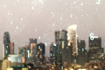 Poster - Multi exposure of abstract creative coding sketch and world map on blurry skyline background, artificial intelligence and neural networks concept