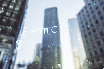 Poster - Abstract scientific formula hologram on office buildings background. Multiexposure
