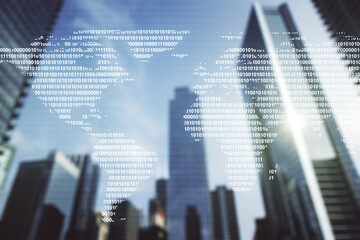 Poster - Abstract creative digital world map on modern architecture background, globalization concept. Multiexposure