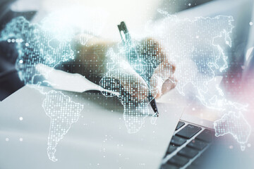 Poster - Multi exposure of abstract graphic world map and hand writing in diary on background with laptop, big data and networking concept