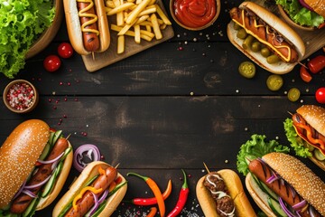 Poster - Summer BBQ food table scene with a dark wood background showing a top view of hot dogs and hamburgers buffet