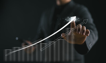 Poster - global business growth analysis and asset investment chart Business and Finance Up arrow Holographic economic chart, global economic trend analysis, financial graph analysis on virtual screen.
