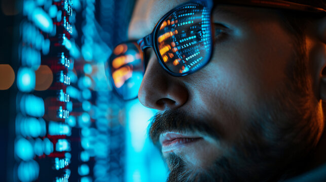Close-up of a male data analyst with glasses reflecting programming code, depicting focus and expertise in data science.