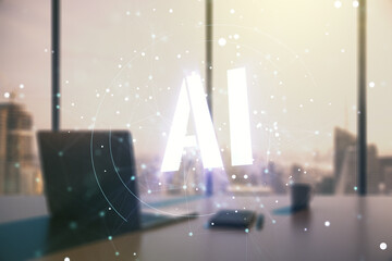 Poster - Creative artificial Intelligence symbol concept and modern desktop with computer on background. Multiexposure