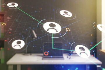Aufkleber - Social network concept and modern desktop with computer on background. Multiexposure