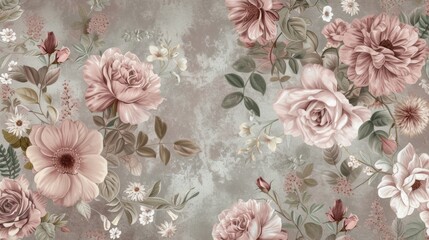 Wall Mural - Vintage pattern botanical variety flowers such as roses, peonies, daisies, and ferns aged paper hand-drawn classic botanical drawings, elegant design suitable for fabric, wallpaper, and stationery