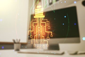 Poster - Creative light bulb with chip hologram and modern desk with computer on background, artificial Intelligence and neural networks concept. Multiexposure