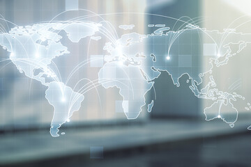 Poster - Abstract graphic digital world map hologram with connections on blurry contemporary office building background, globalization concept. Multiexposure