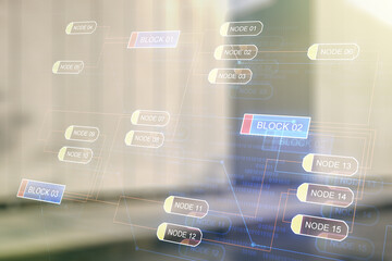 Aufkleber - Multi exposure of abstract software development hologram on modern business center exterior background, research and analytics concept