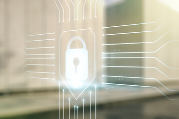 Poster - Virtual creative lock symbol and microcircuit illustration on blurry modern office building background. Protection and firewall concept. Multiexposure