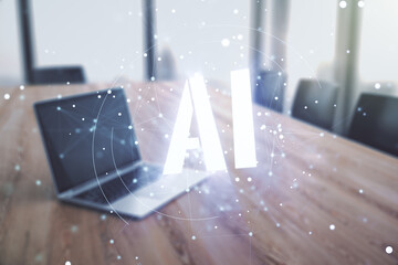 Poster - Creative artificial Intelligence symbol concept with modern laptop on background. Multiexposure