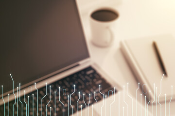 Poster - Double exposure of circuit hologram on laptop background. Research and development hardware concept