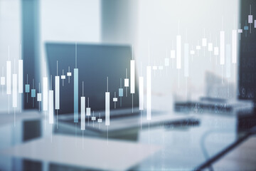 Poster - Multi exposure of abstract financial graph on laptop background, financial and trading concept