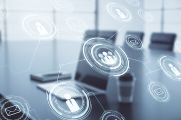 Poster - Double exposure of social network icons concept with modern laptop on background. Marketing and promotion concept