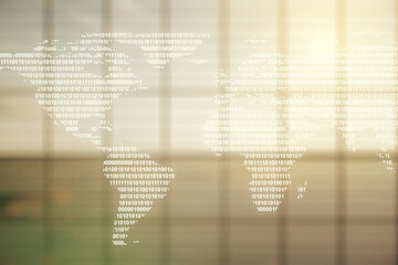 Aufkleber - Multi exposure of abstract creative digital world map hologram on empty modern office background, research and analytics concept