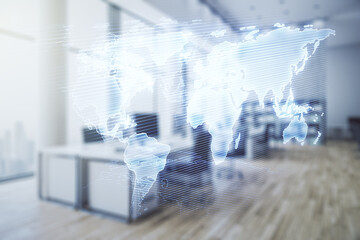 Poster - Double exposure of abstract digital world map on modern corporate office background, research and strategy concept