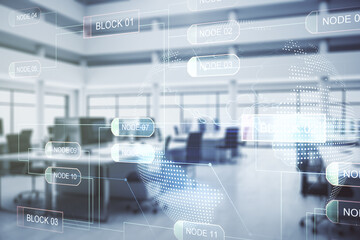 Aufkleber - Multi exposure of abstract programming language hologram and world map on a modern furnished office interior background, artificial intelligence and neural networks concept
