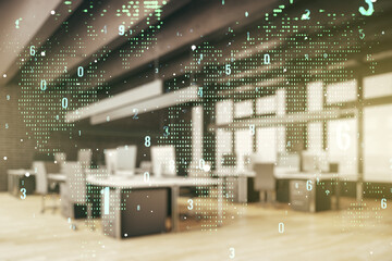 Poster - Double exposure of abstract programming language hologram and world map on modern corporate office background, research and development concept
