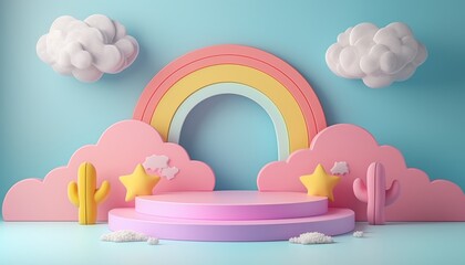 Wall Mural - 3D rendering podium kid style, colorful background, clouds and weather with empty space for kids or baby product