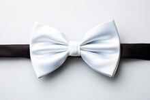 Color White Bow Tie On White Background. Gentleman Mockup, Design Template. Bow Tie Man. Mens Fashion. Decorate Neck Area. Various Celebration. Realistic Clipart Template Pattern.