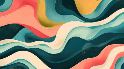 Wall Mural - Groovy psychedelic abstract wavy background with rough texture combined with retro colors teal blue, peach pink, and olive green