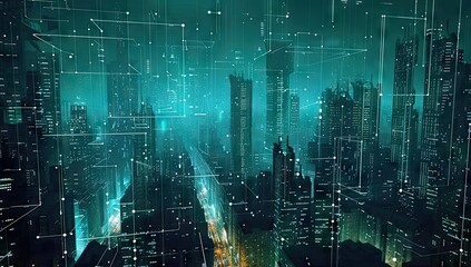 Wall Mural - Futuristic cityscape illuminated with digital technology and neon lights modern urban panorama of skyscrapers and connected networks abstract concept represents pulse of smart city at night