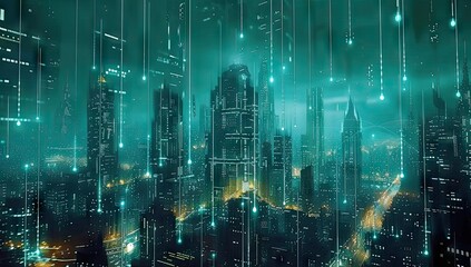Poster - futuristic cityscape illuminated with digital technology and neon lights modern urban panorama of sk