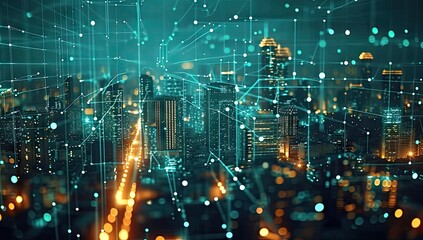 Poster - futuristic cityscape illuminated with digital technology and neon lights modern urban panorama of sk