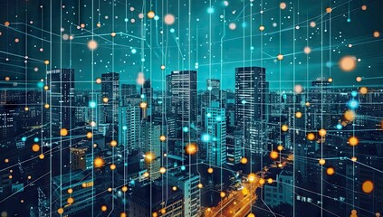 Poster - futuristic cityscape illuminated with digital technology and neon lights modern urban panorama of sk