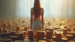 Young woman standing on a pile of coins and looking at the camera